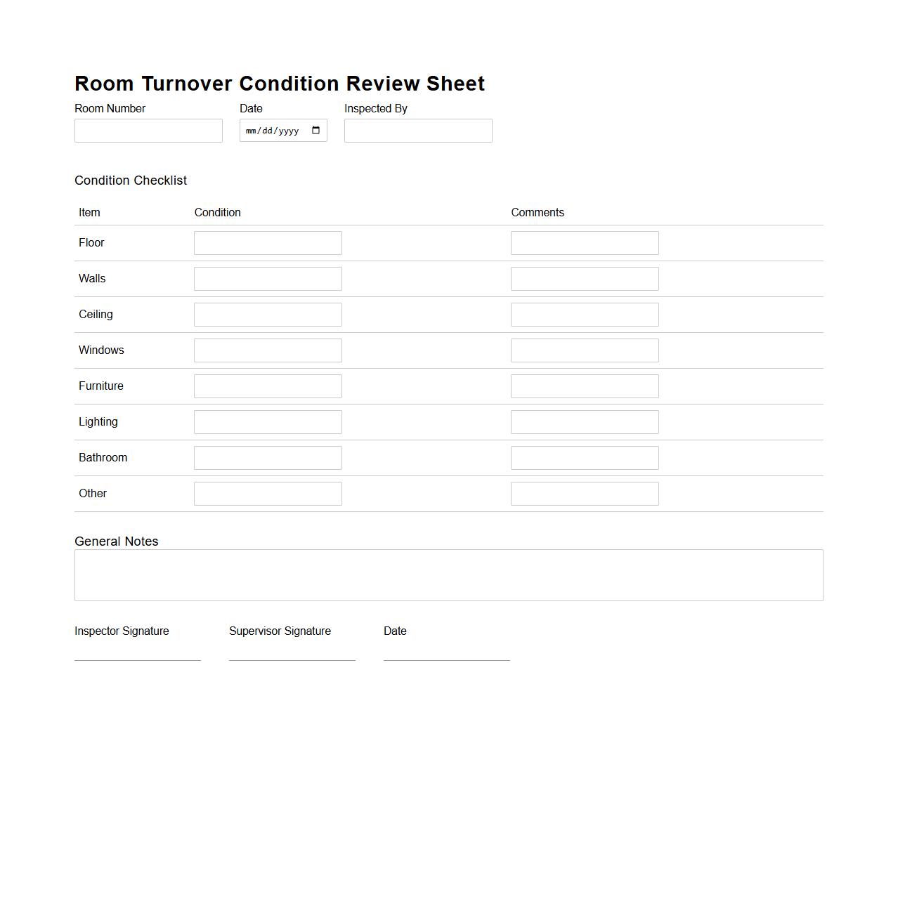 Room Turnover Condition Review Sheet