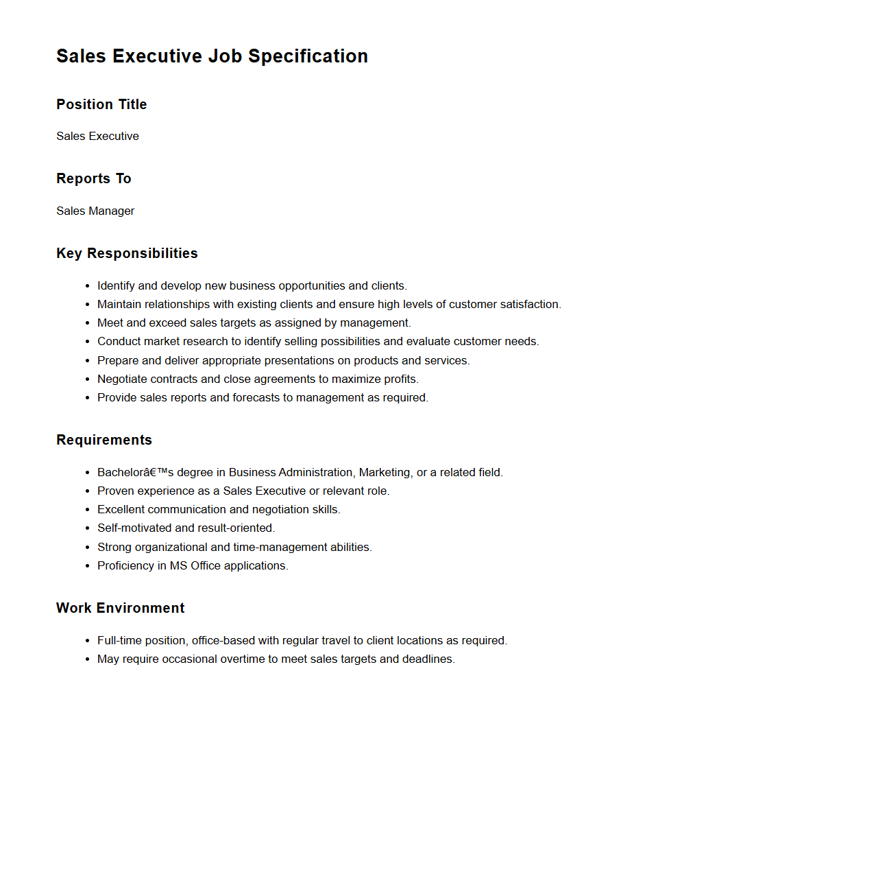 Sales Executive Job Specification Sample