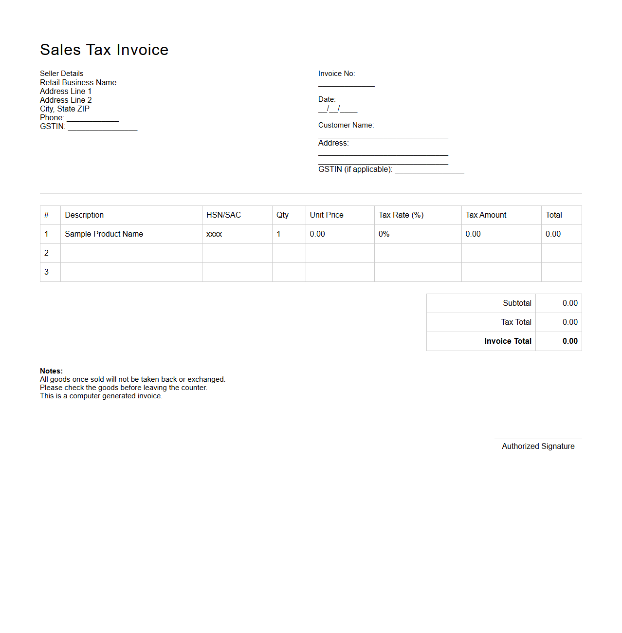 Sales Tax Invoice for Retail Business