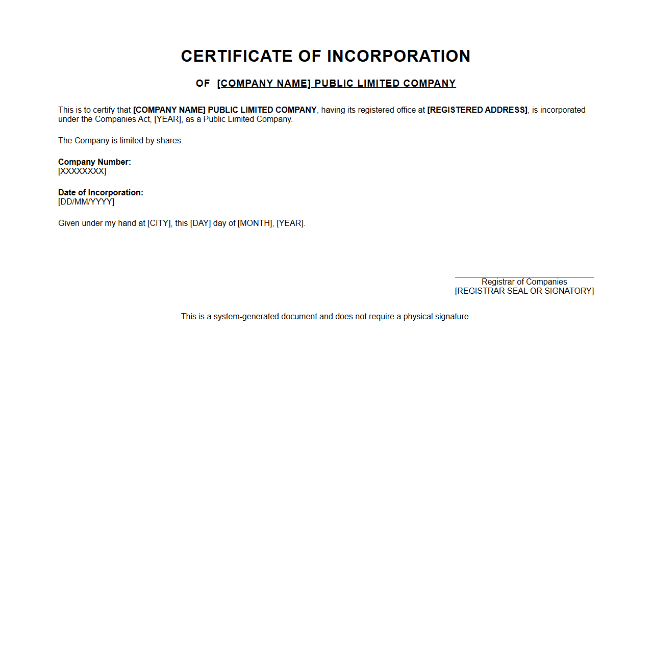 Sample Certificate of Incorporation for Public Limited Company