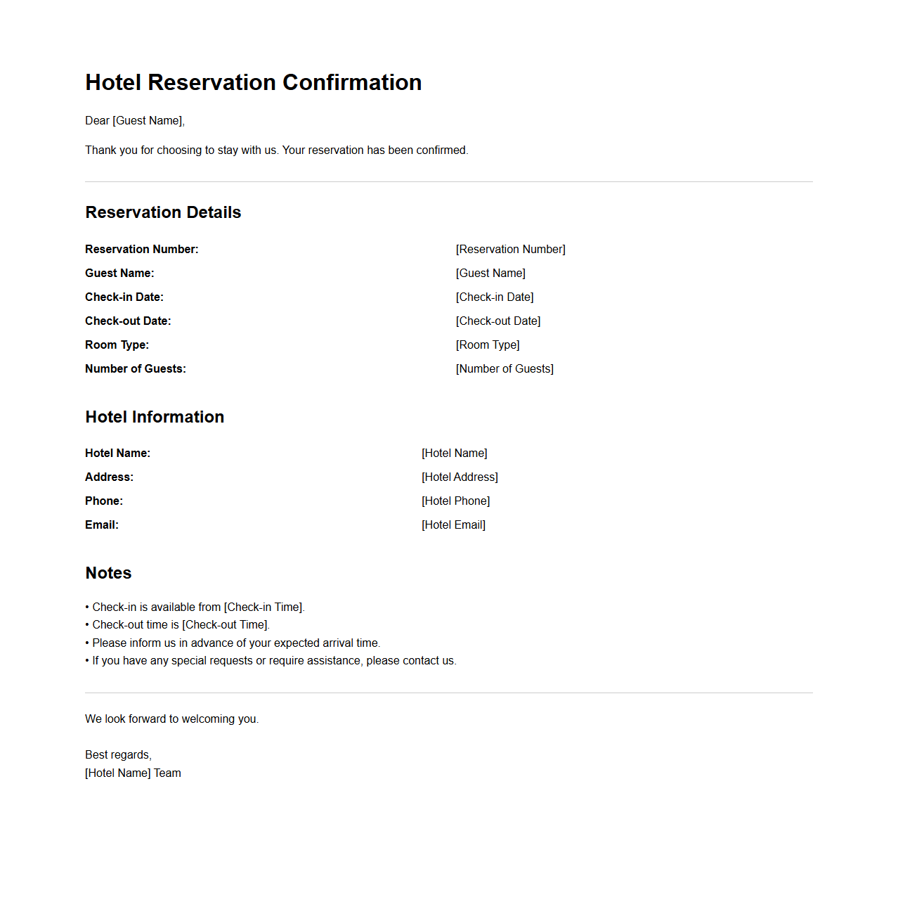 Sample Hotel Reservation Confirmation Email