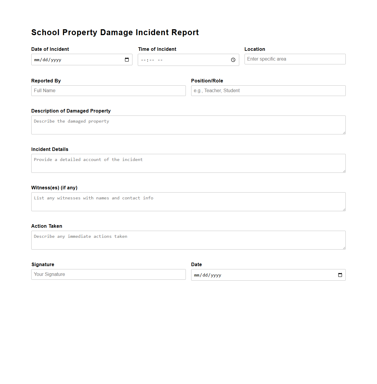 School Property Damage Incident Report Format