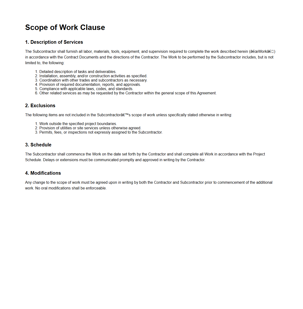 Scope of Work Clause for Subcontractor Agreements