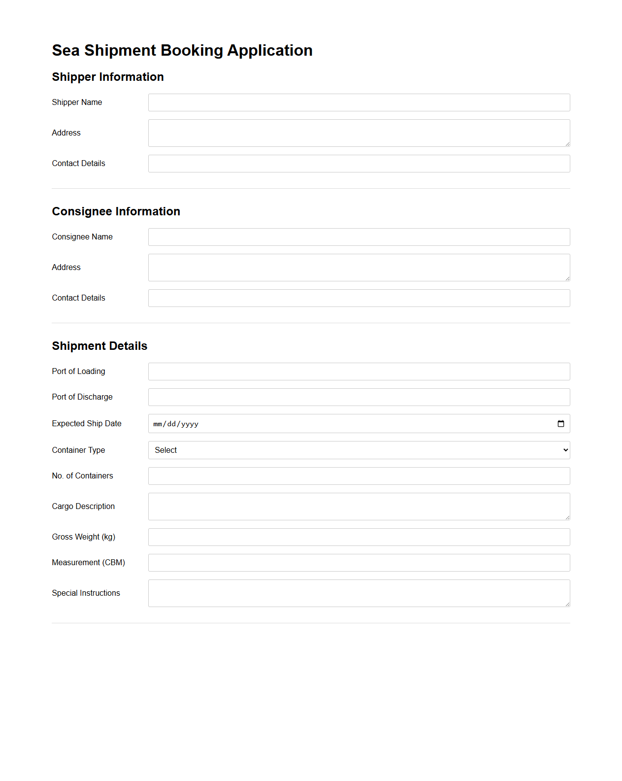 Sea Shipment Booking Application Template