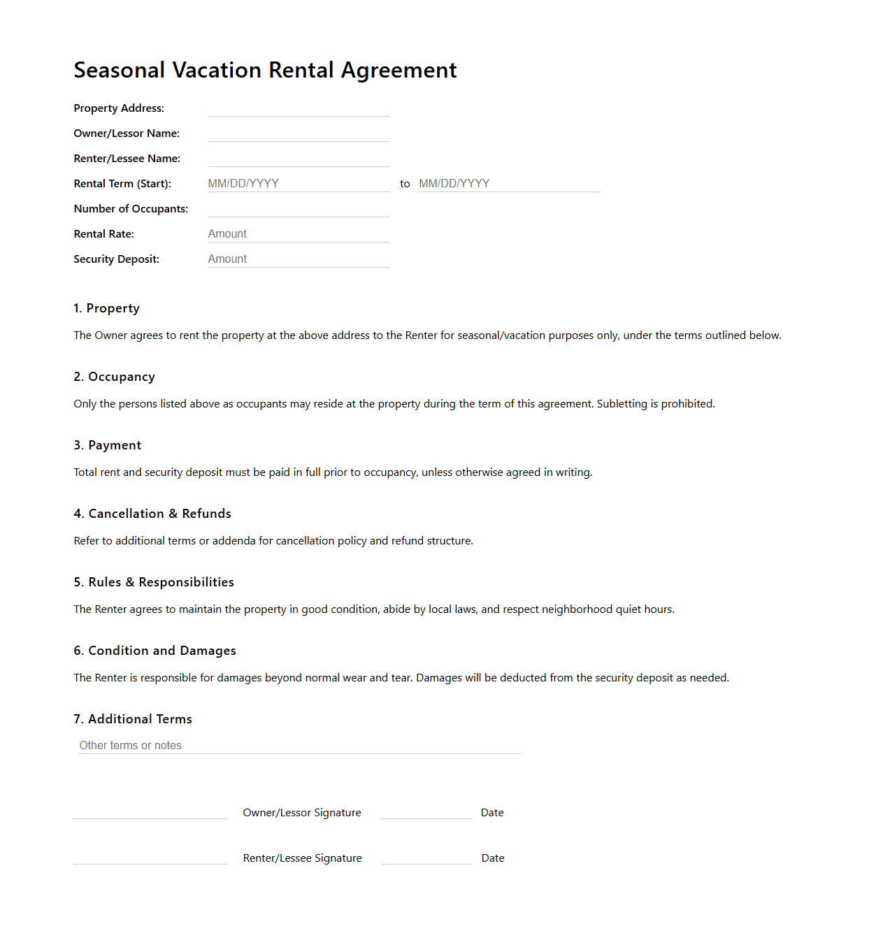 Seasonal Vacation Rental Agreement Format