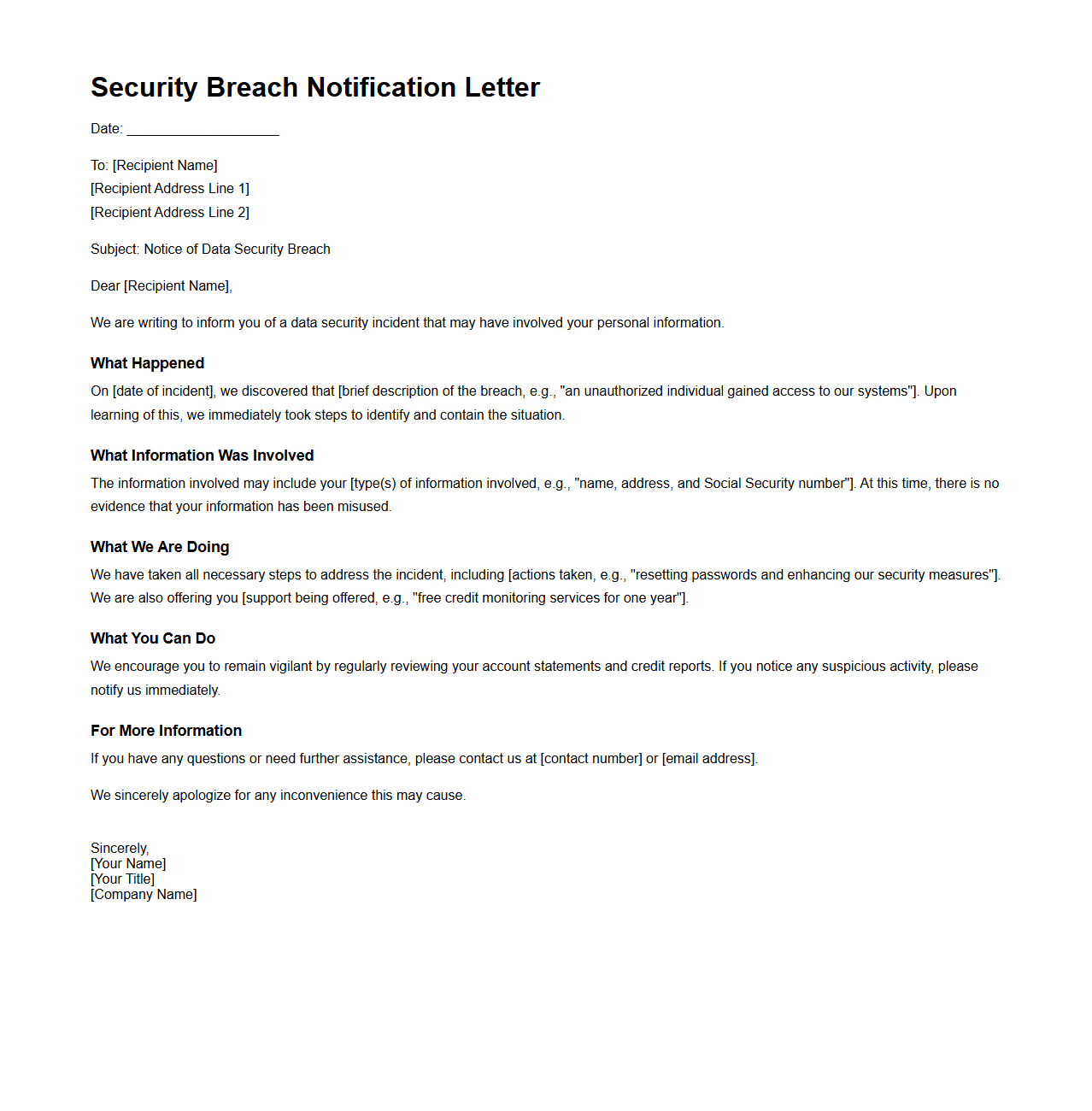 Security Breach Notification Letter Sample