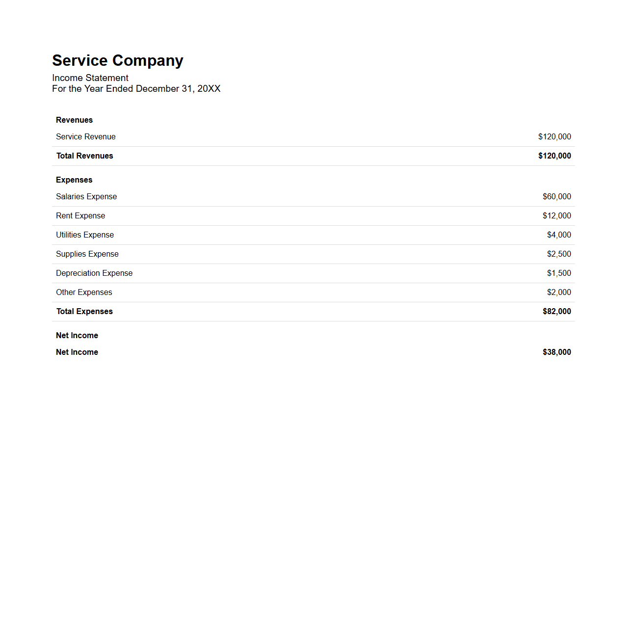 Service Company Income Statement Sample for Financial Review