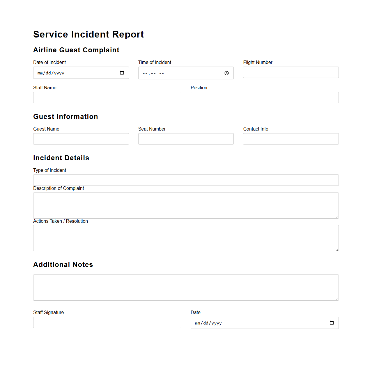 Service Incident Report for Airline Guest Complaints