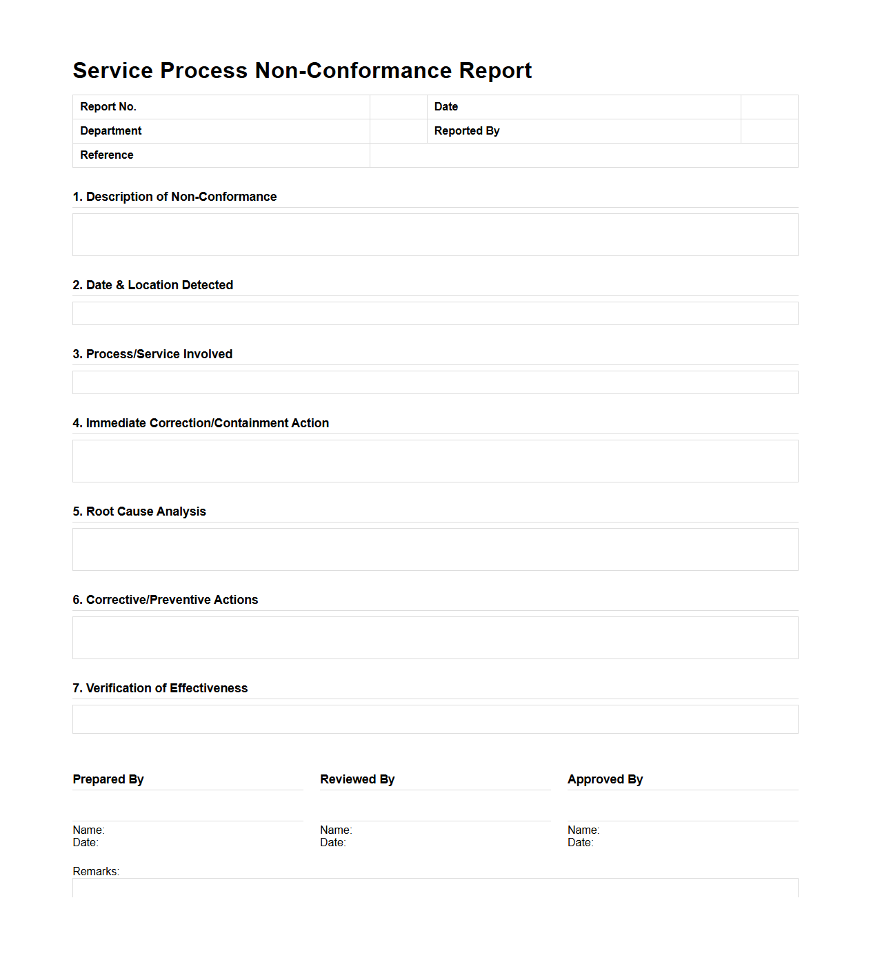 Service Process Non-Conformance Report Template