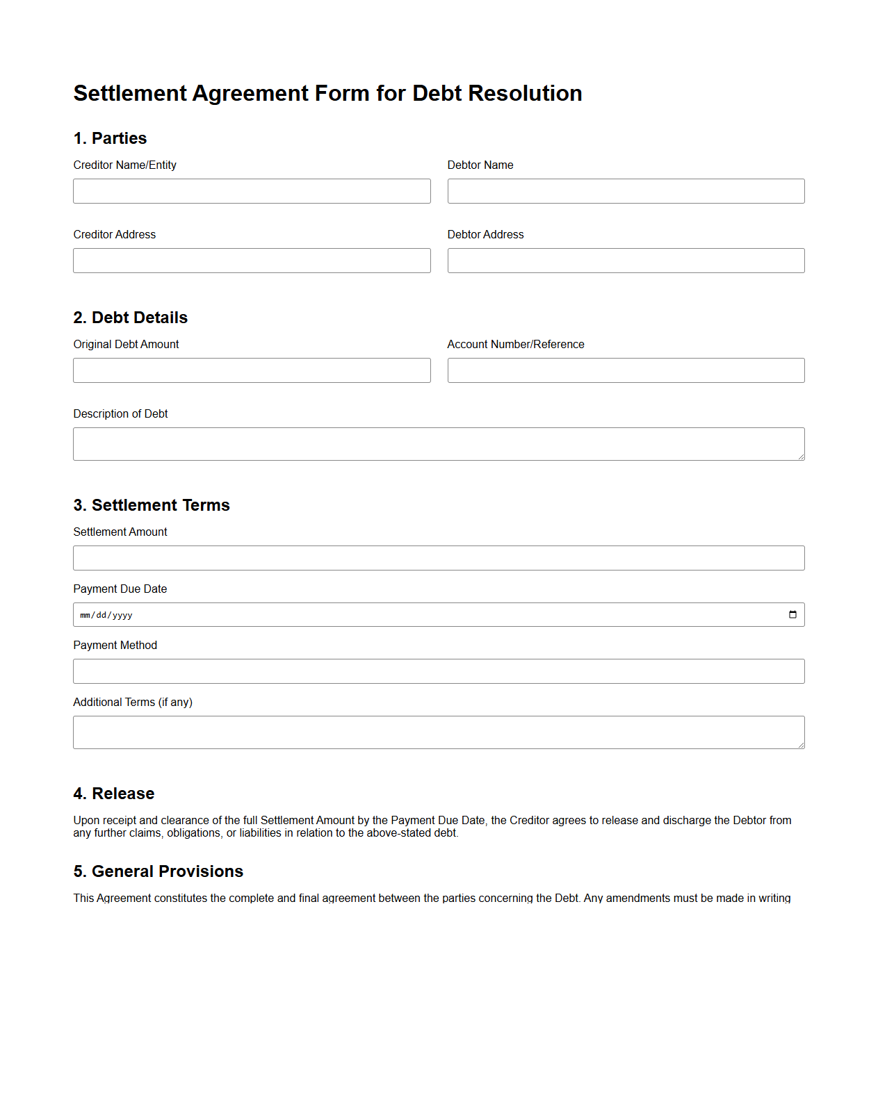 Settlement Agreement Form for Debt Resolution