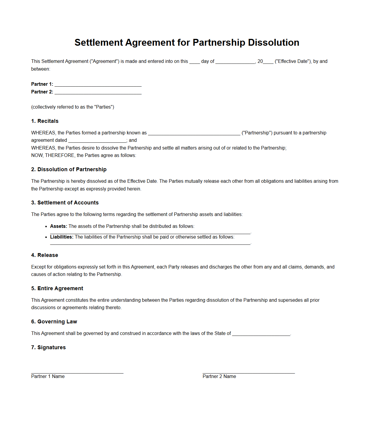 Settlement Agreement for Partnership Dissolution