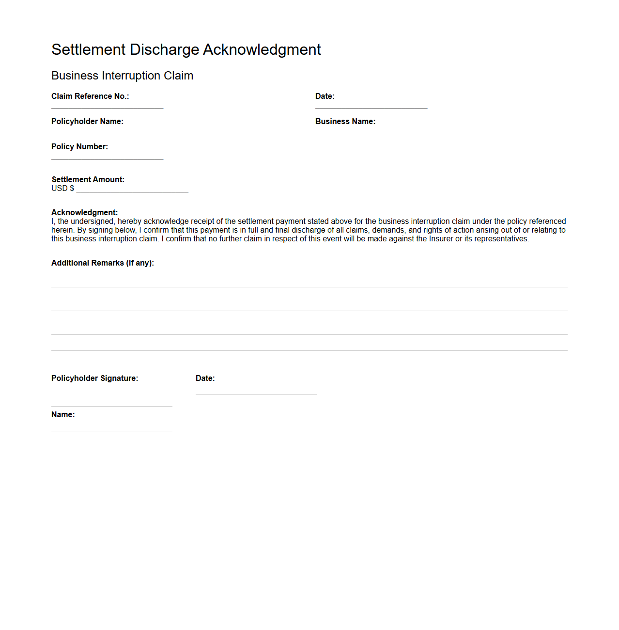 Settlement Discharge Acknowledgment for Business Interruption Claims