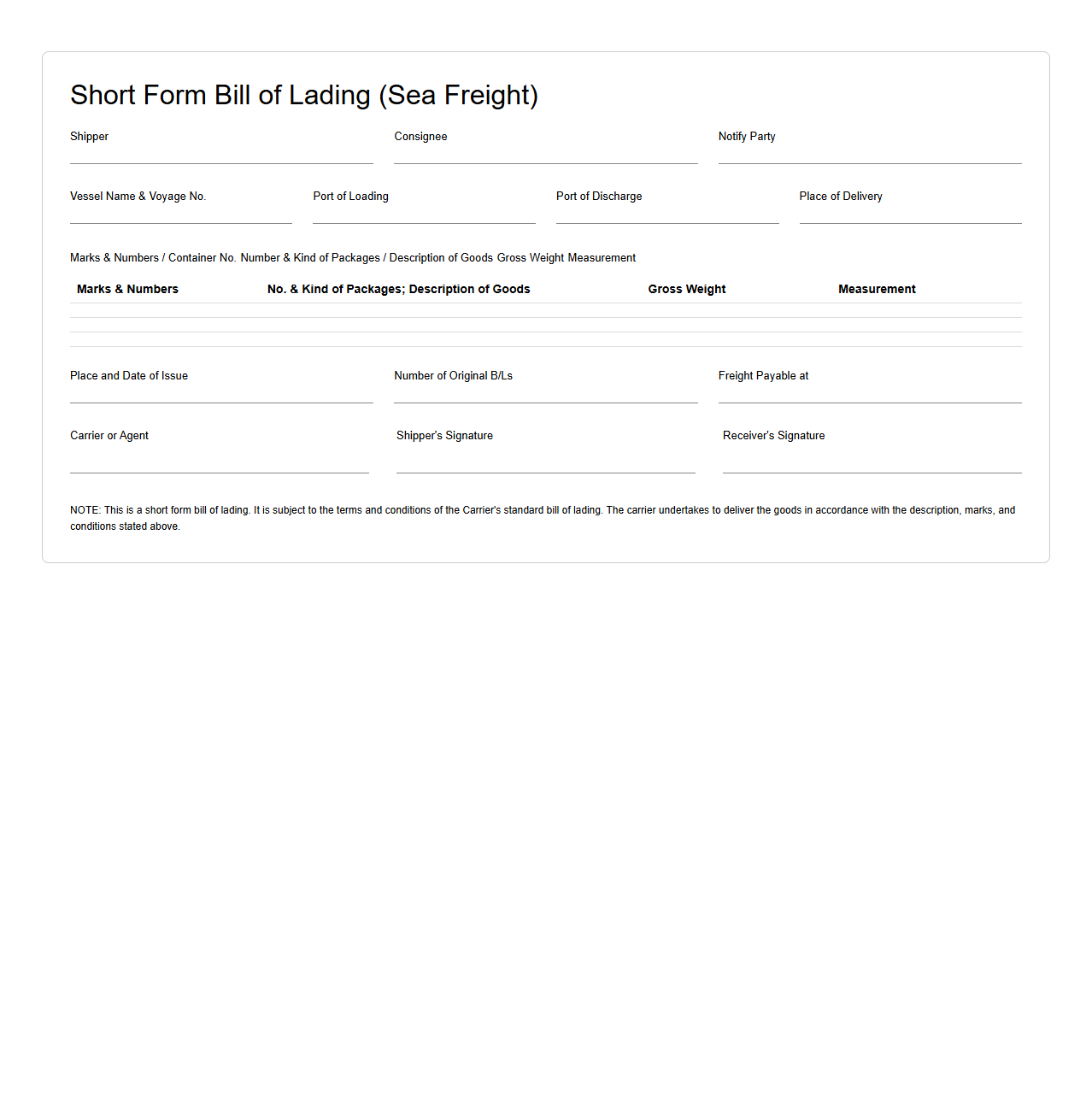 Short Form Bill of Lading for Sea Freight
