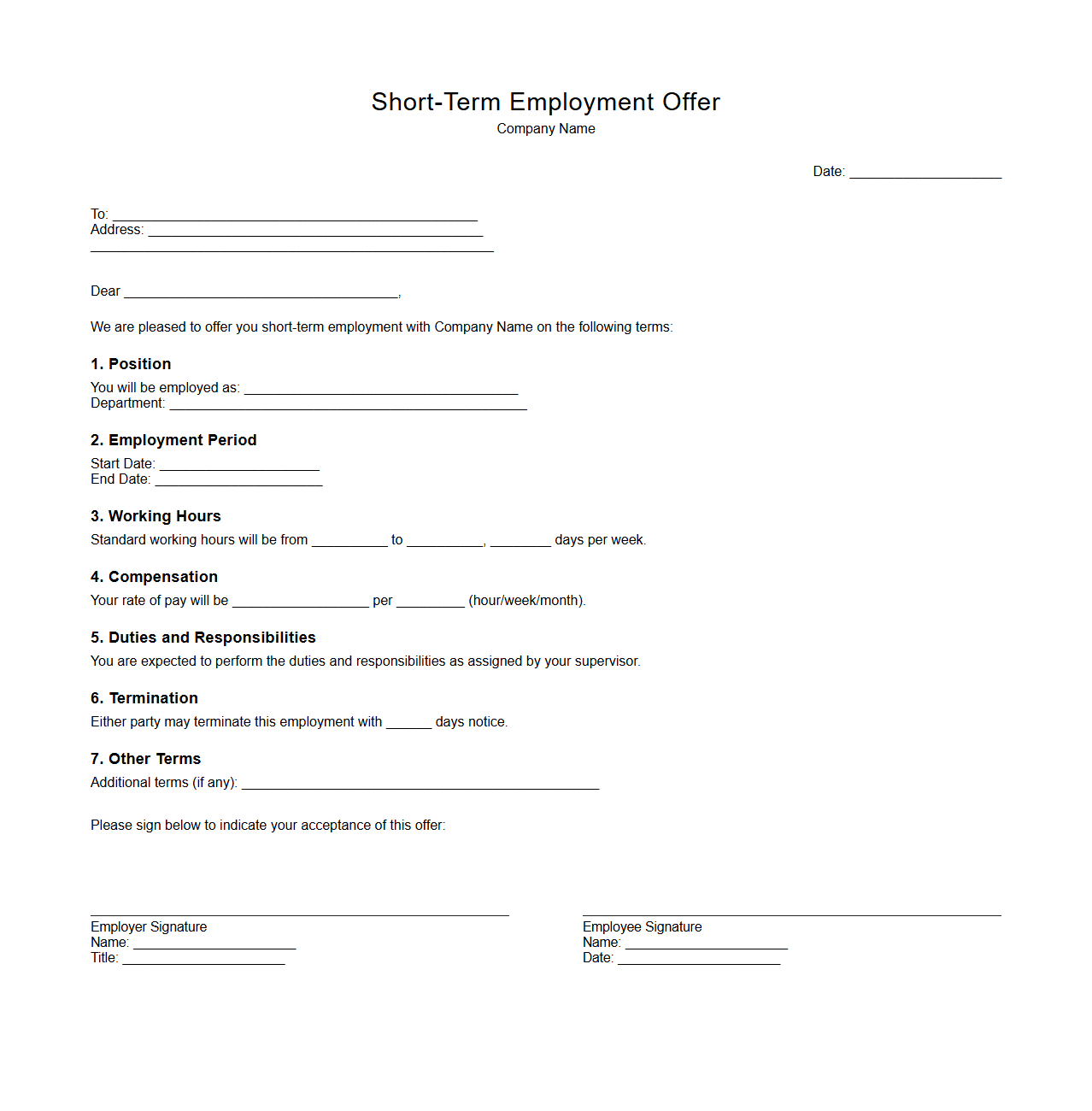 Short-Term Employment Offer Document