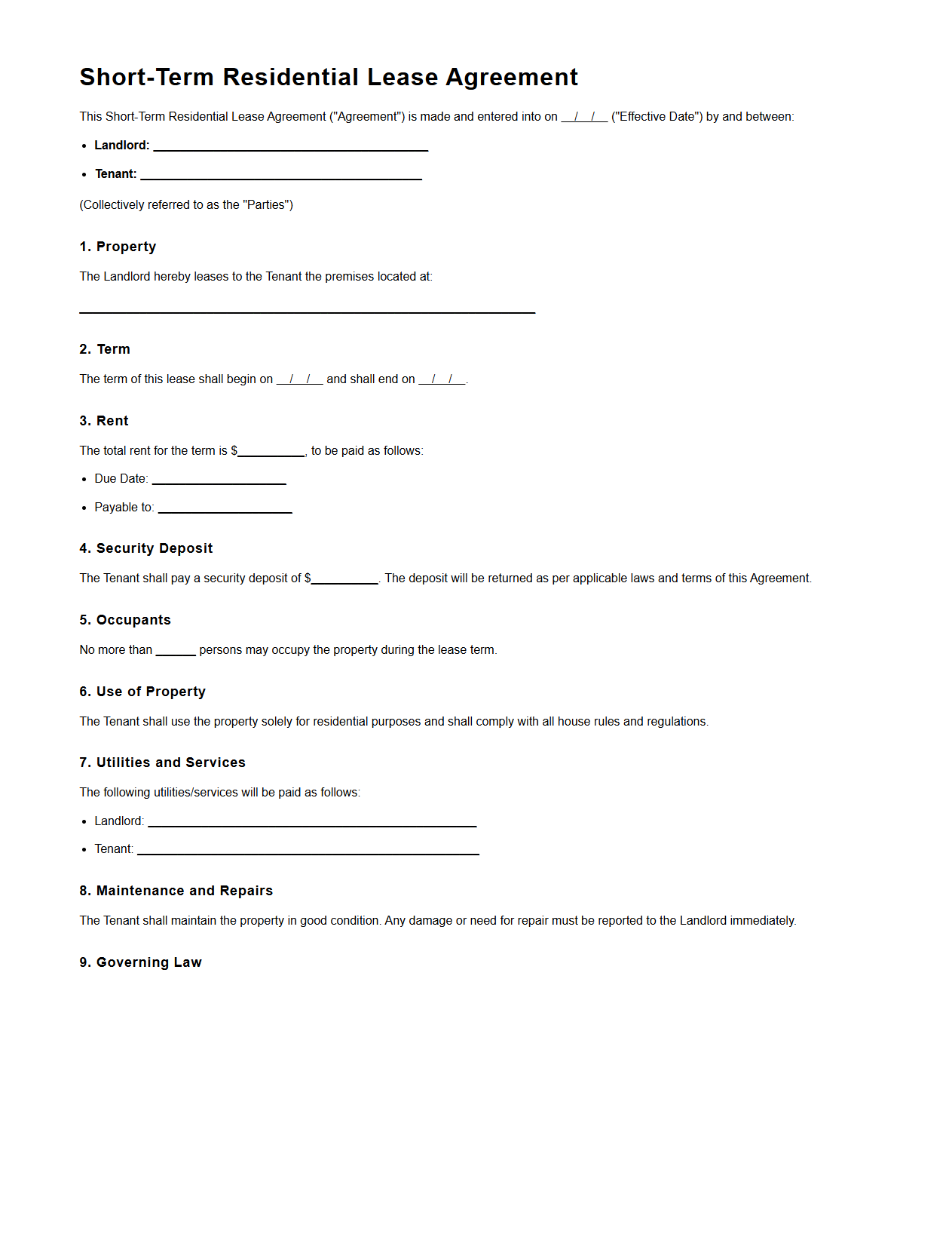 Short-Term Residential Lease Agreement