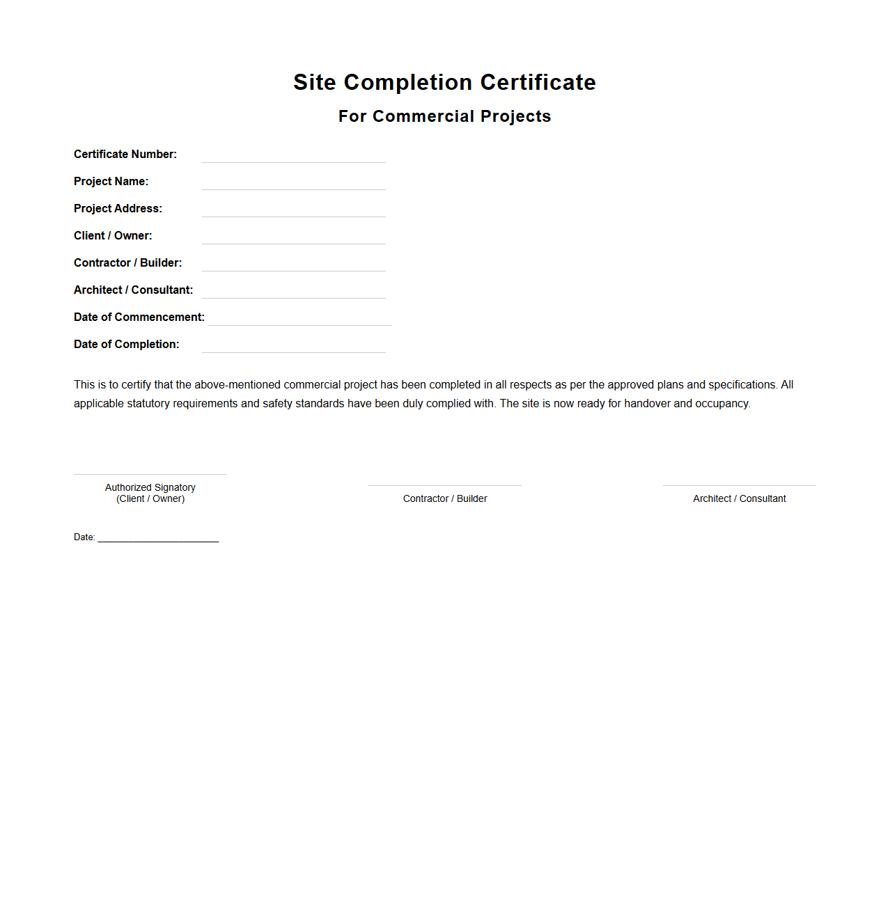 Site Completion Certificate for Commercial Projects