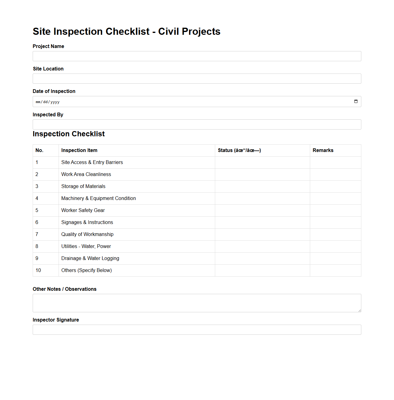 Site Inspection Checklist for Civil Projects