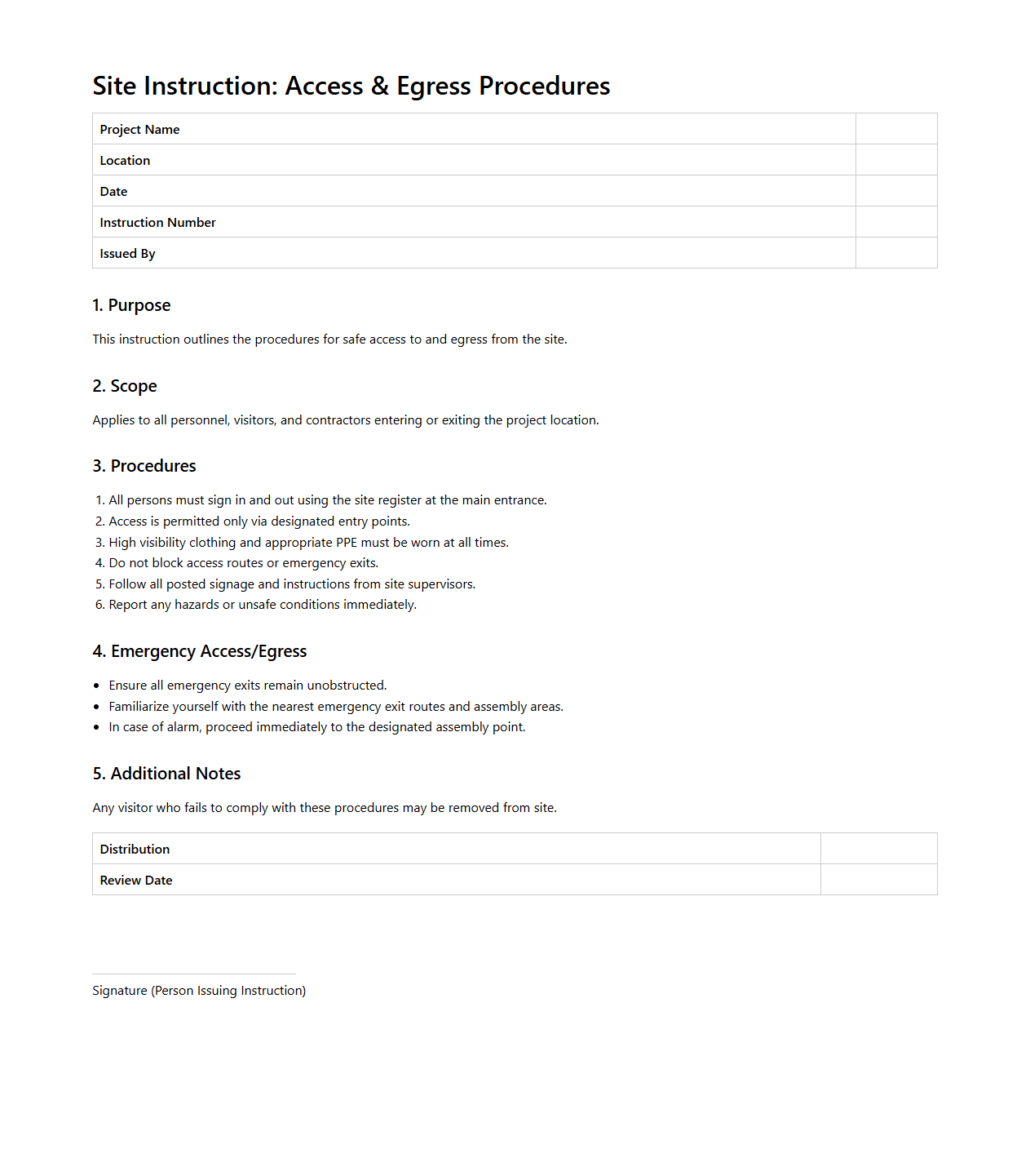 Site Instruction for Access and Egress Procedures