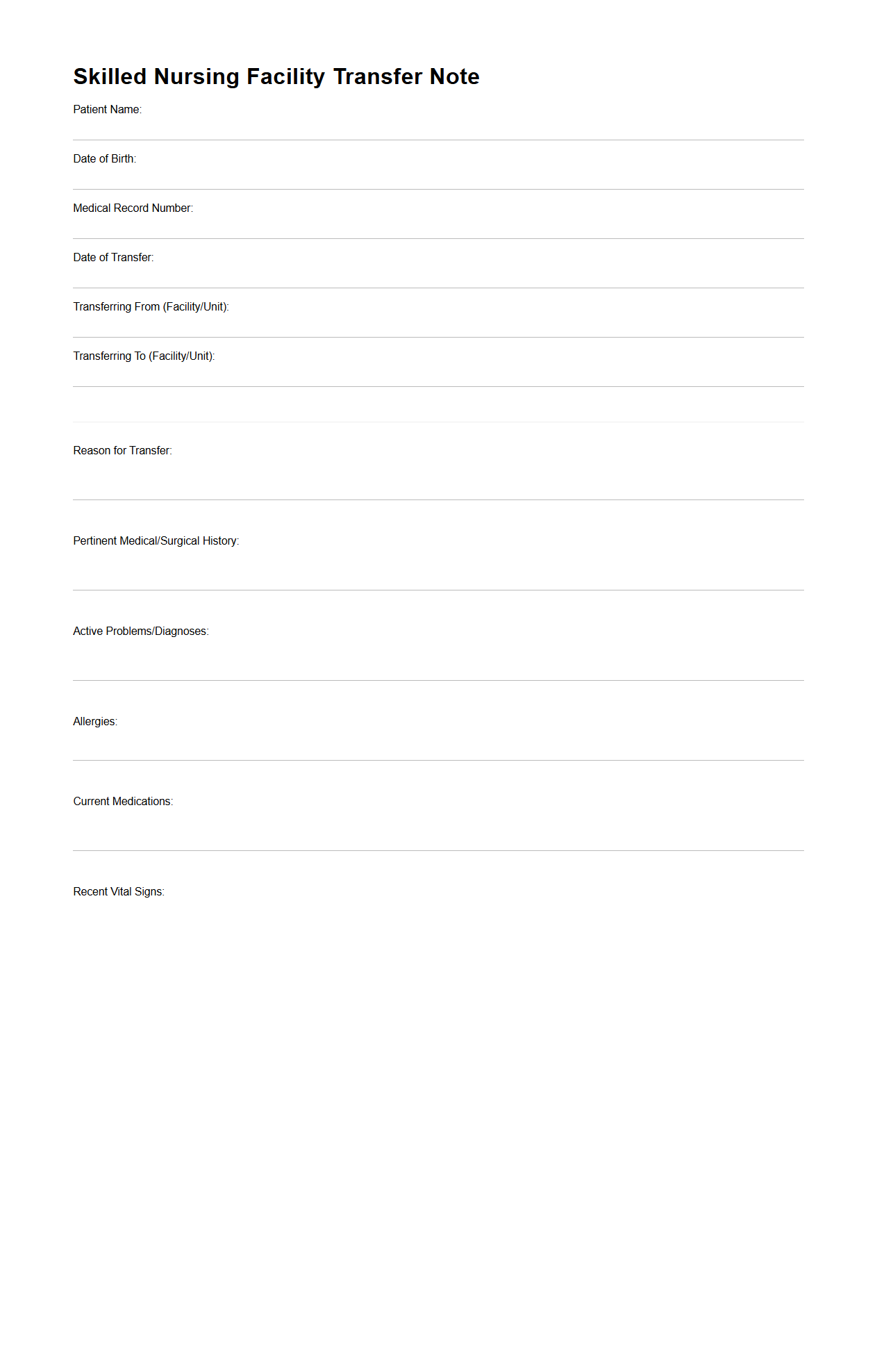 Skilled Nursing Facility Transfer Note Template