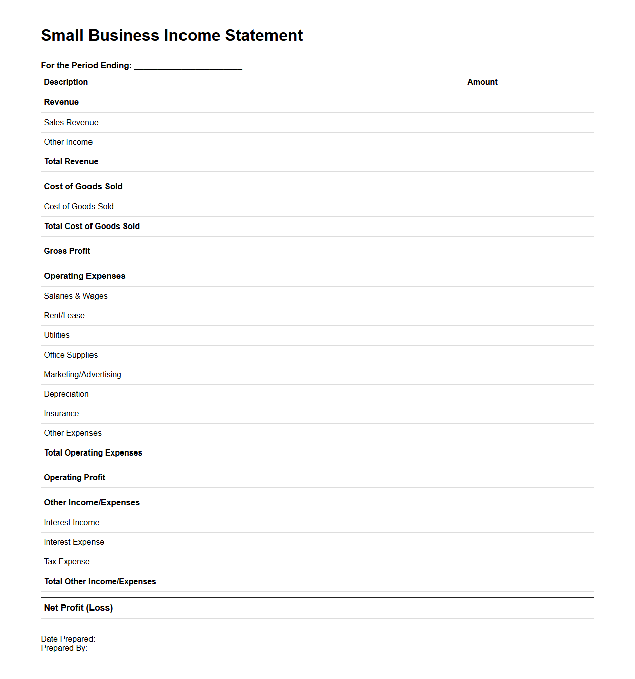 Small Business Income Statement Template