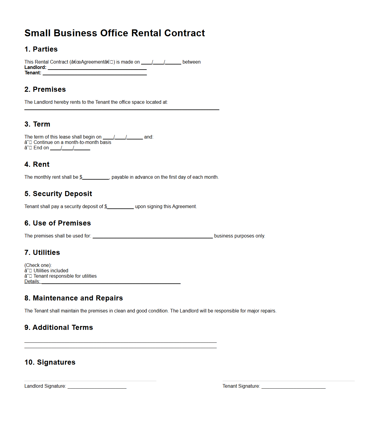 Small Business Office Rental Contract