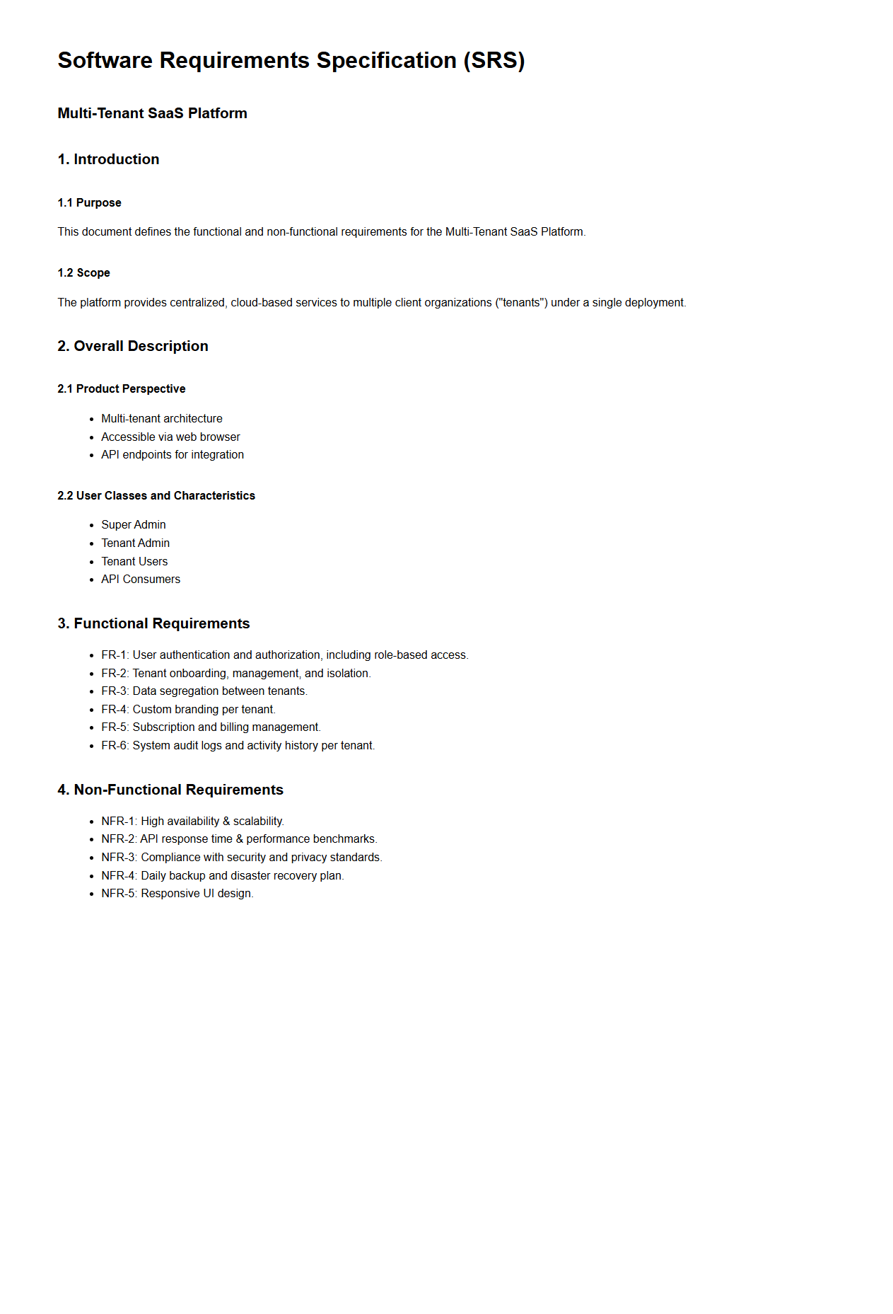 Software Requirements Specification for Multi-Tenant SaaS Platforms