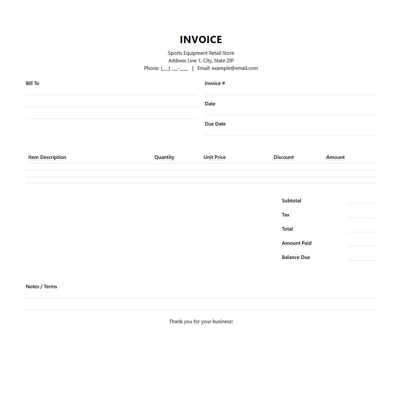 Sports Equipment Retail Sales Invoice Template