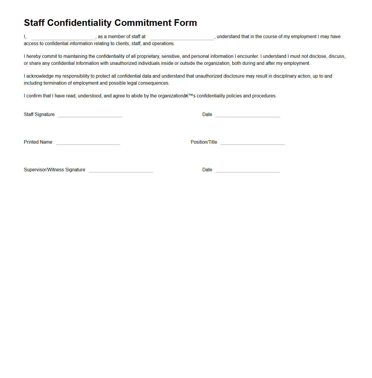 Staff Confidentiality Commitment Form