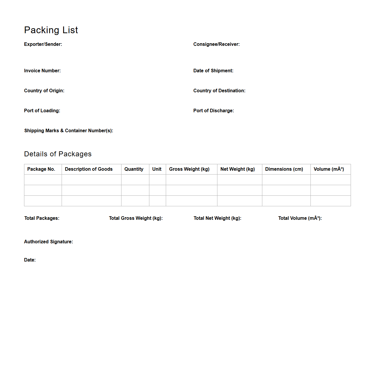 Standard Packing List Layout for Export Shipments