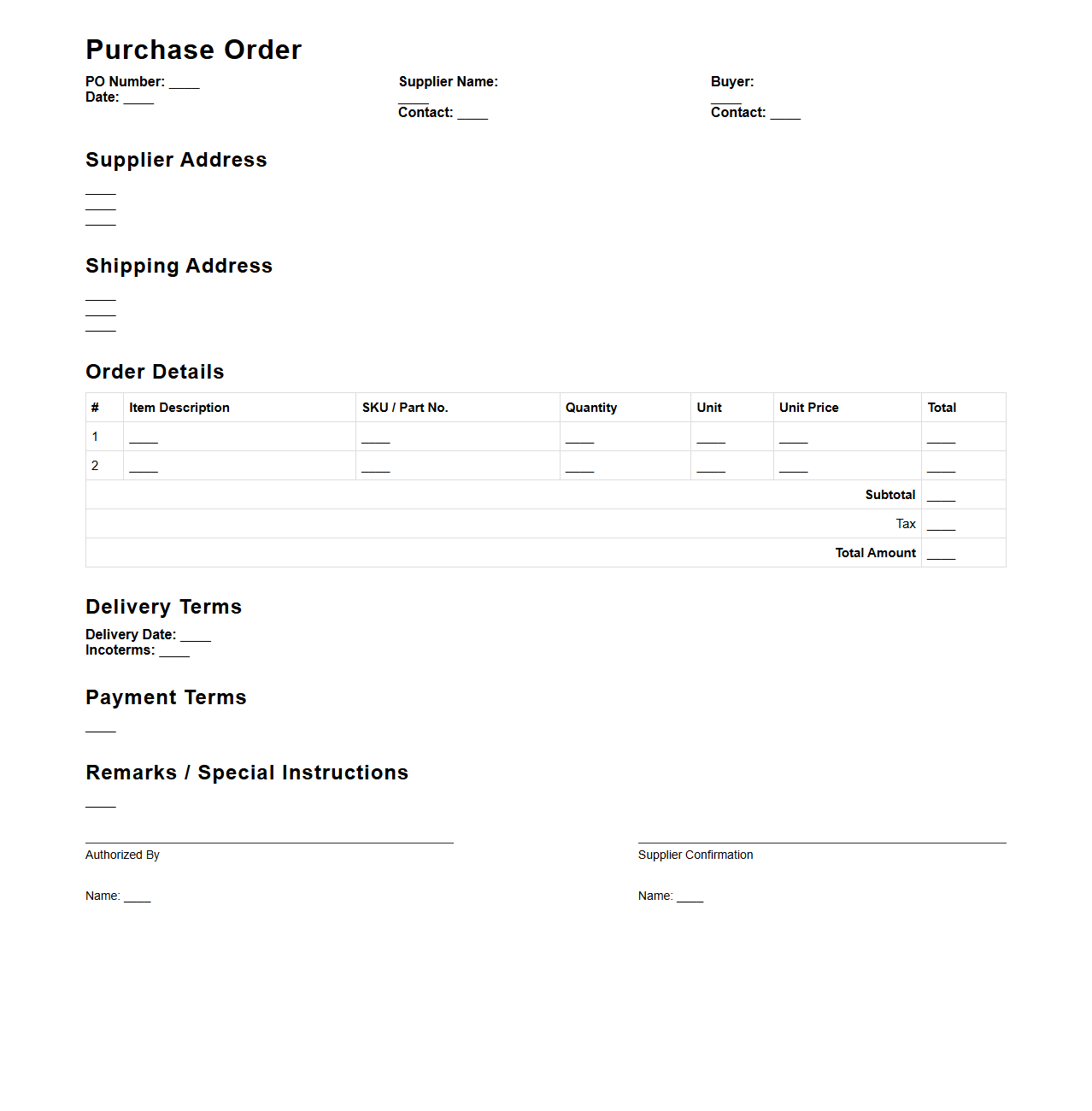 Standard Purchase Order Template for Supply Chain