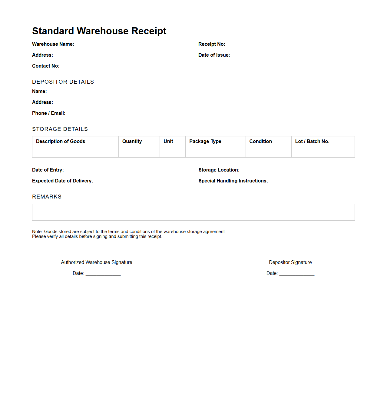Standard Warehouse Receipt Template for Storage Services