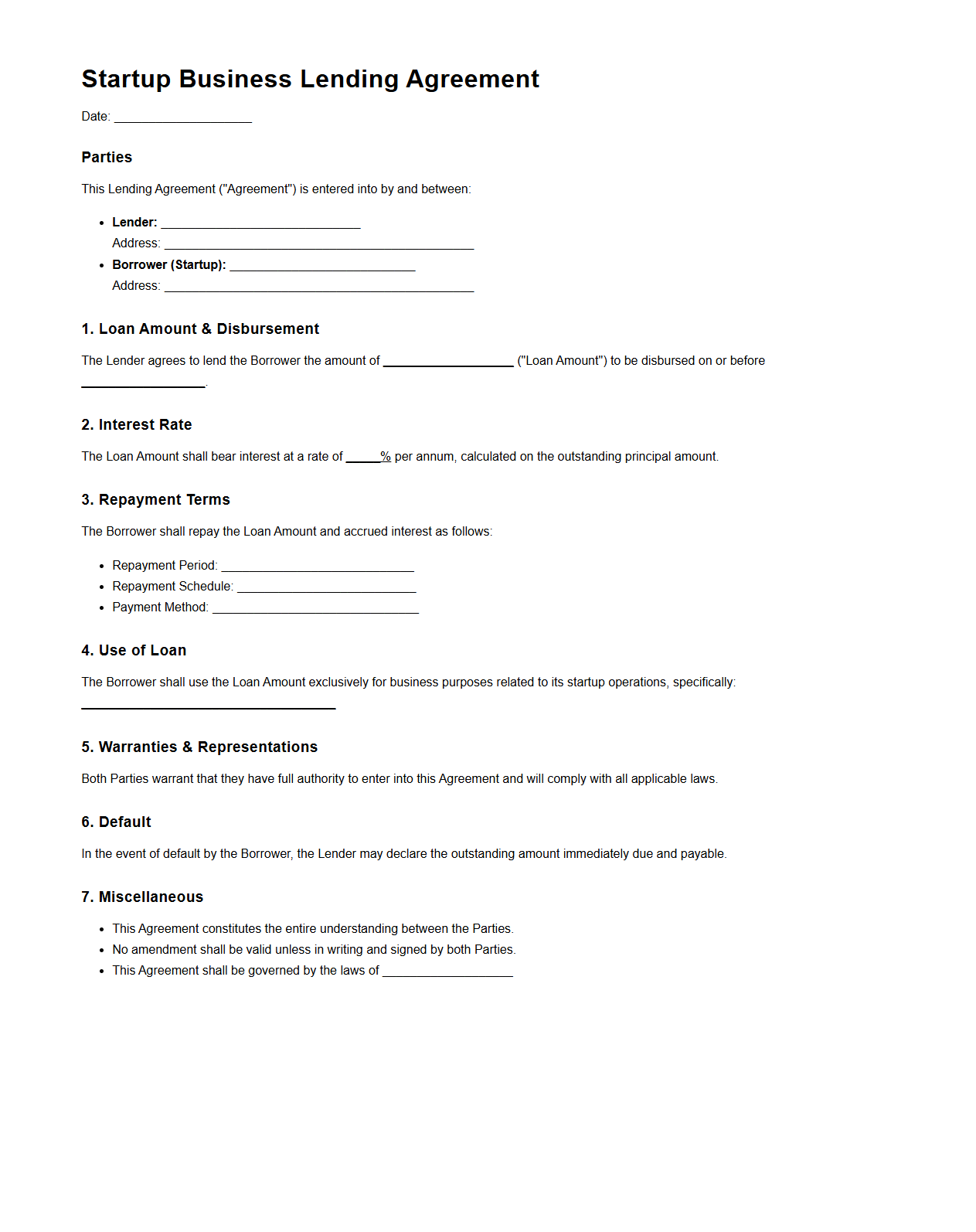 Startup Business Lending Agreement Template