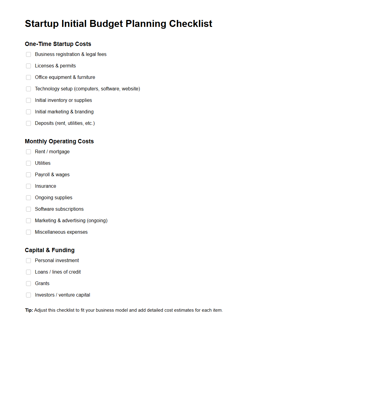 Startup Initial Budget Planning Checklist