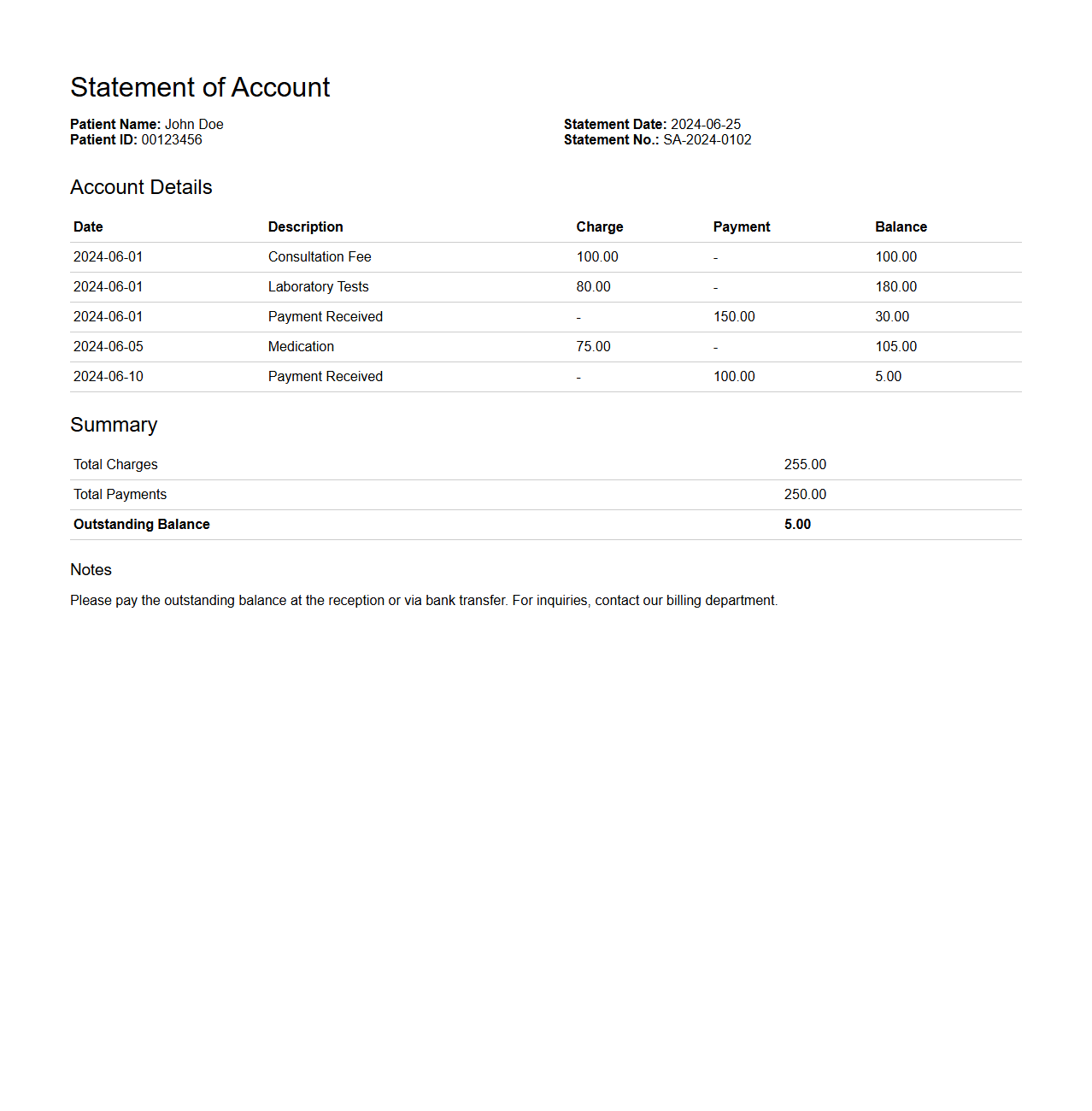 Statement of Account Example for Patients
