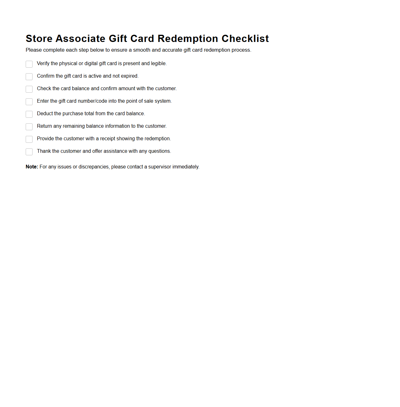Store Associate Gift Card Redemption Checklist