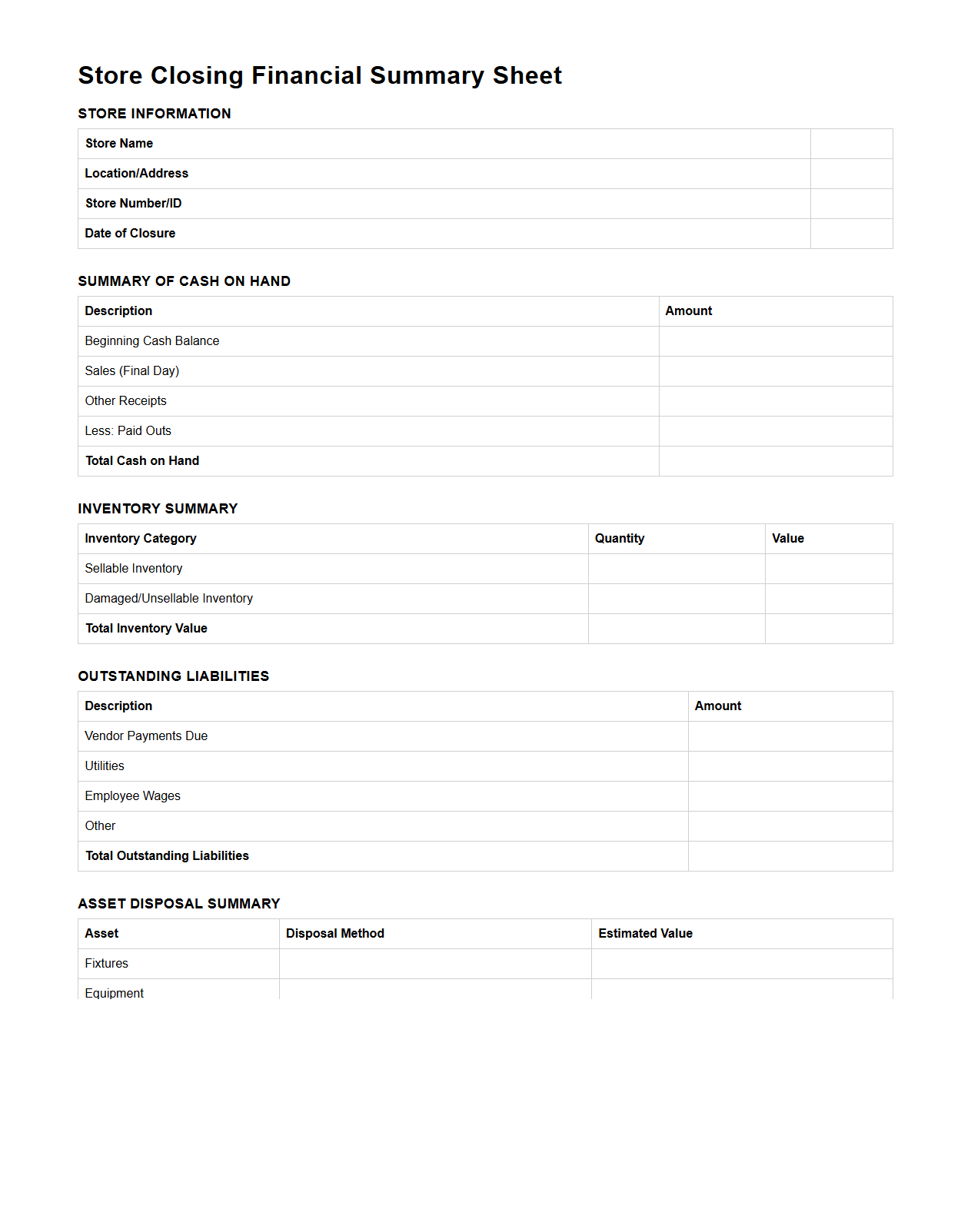 Store Closing Financial Summary Sheet Sample