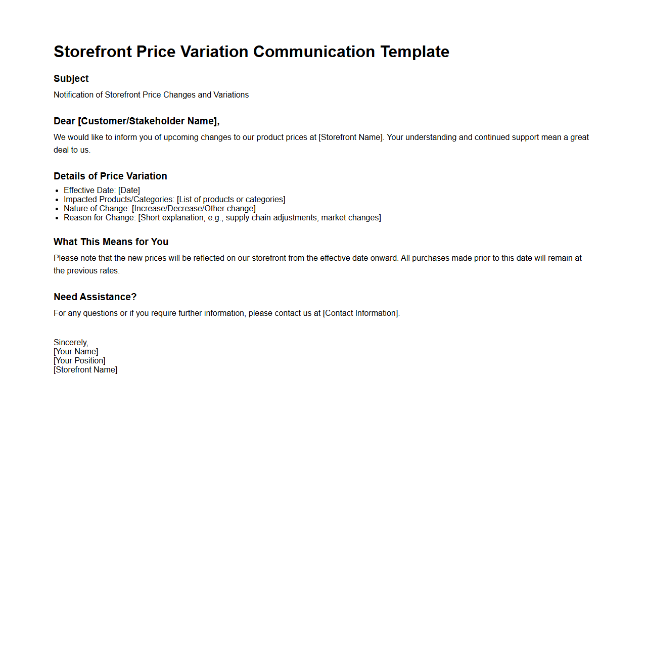 Storefront Price Variation Communication Template
