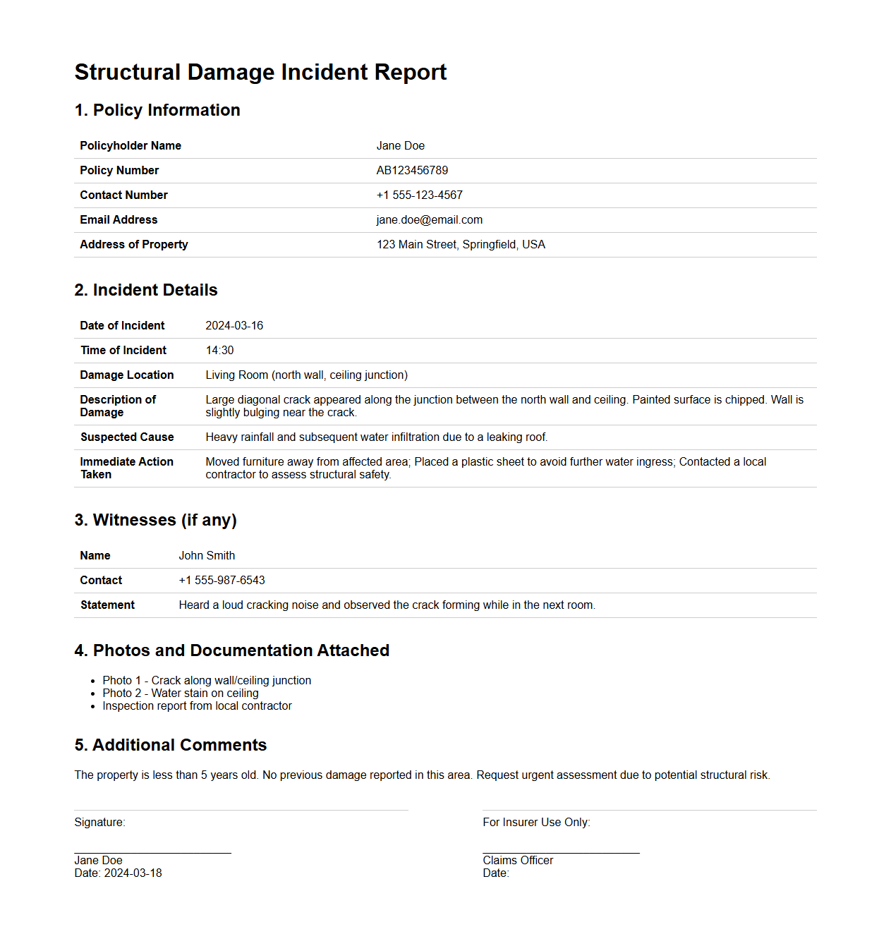 Structural Damage Incident Report Example for Insurance