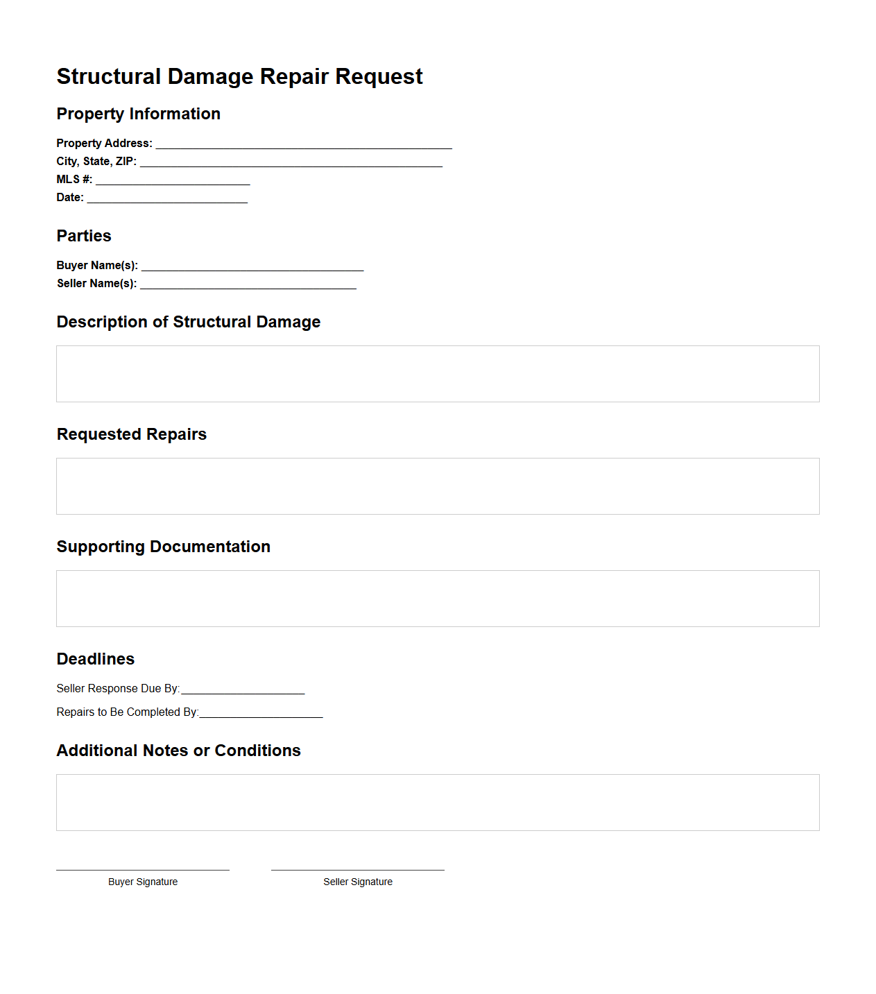 Structural Damage Repair Request Sample for Real Estate Deals