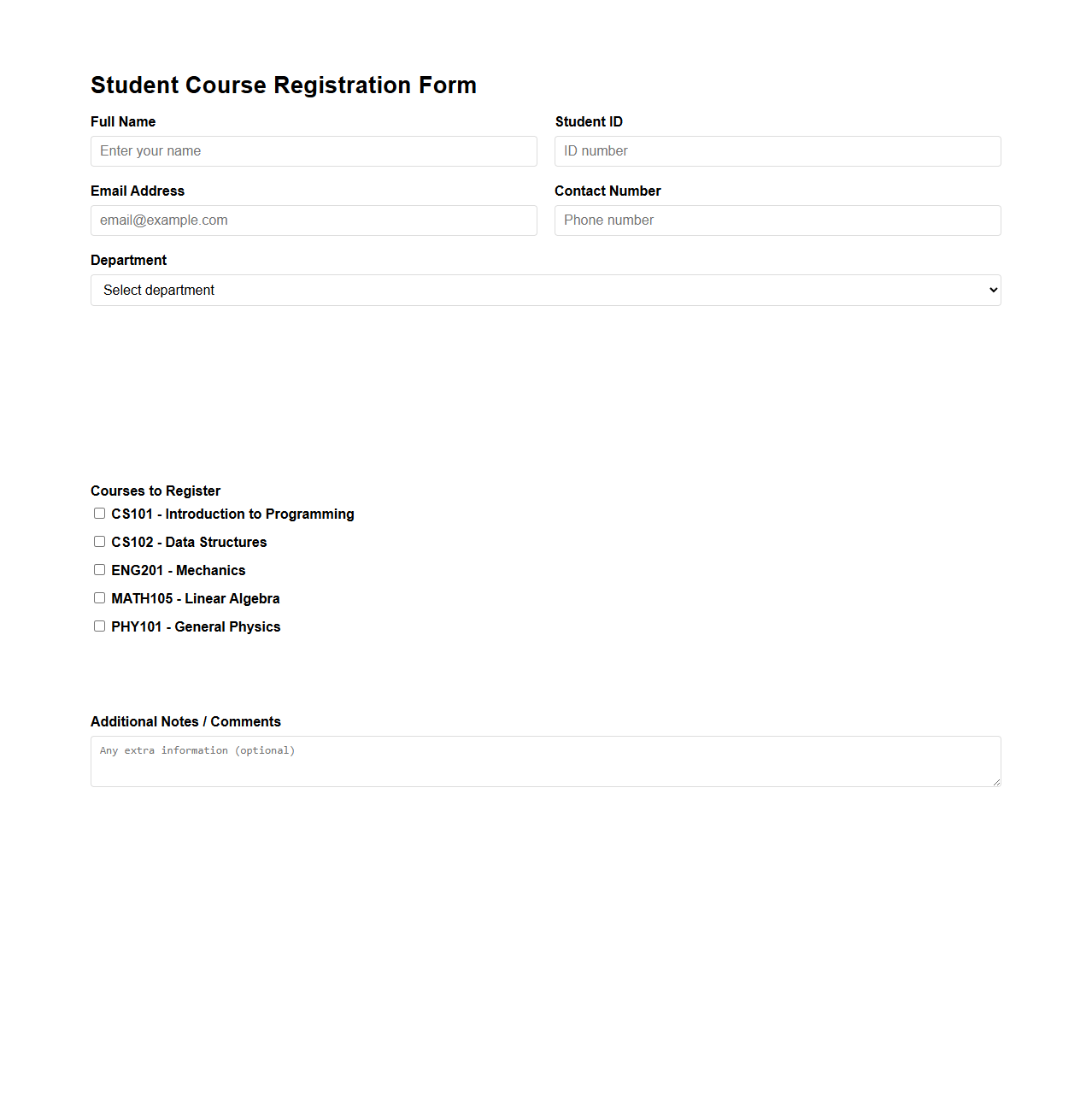 Student Course Registration Form Example