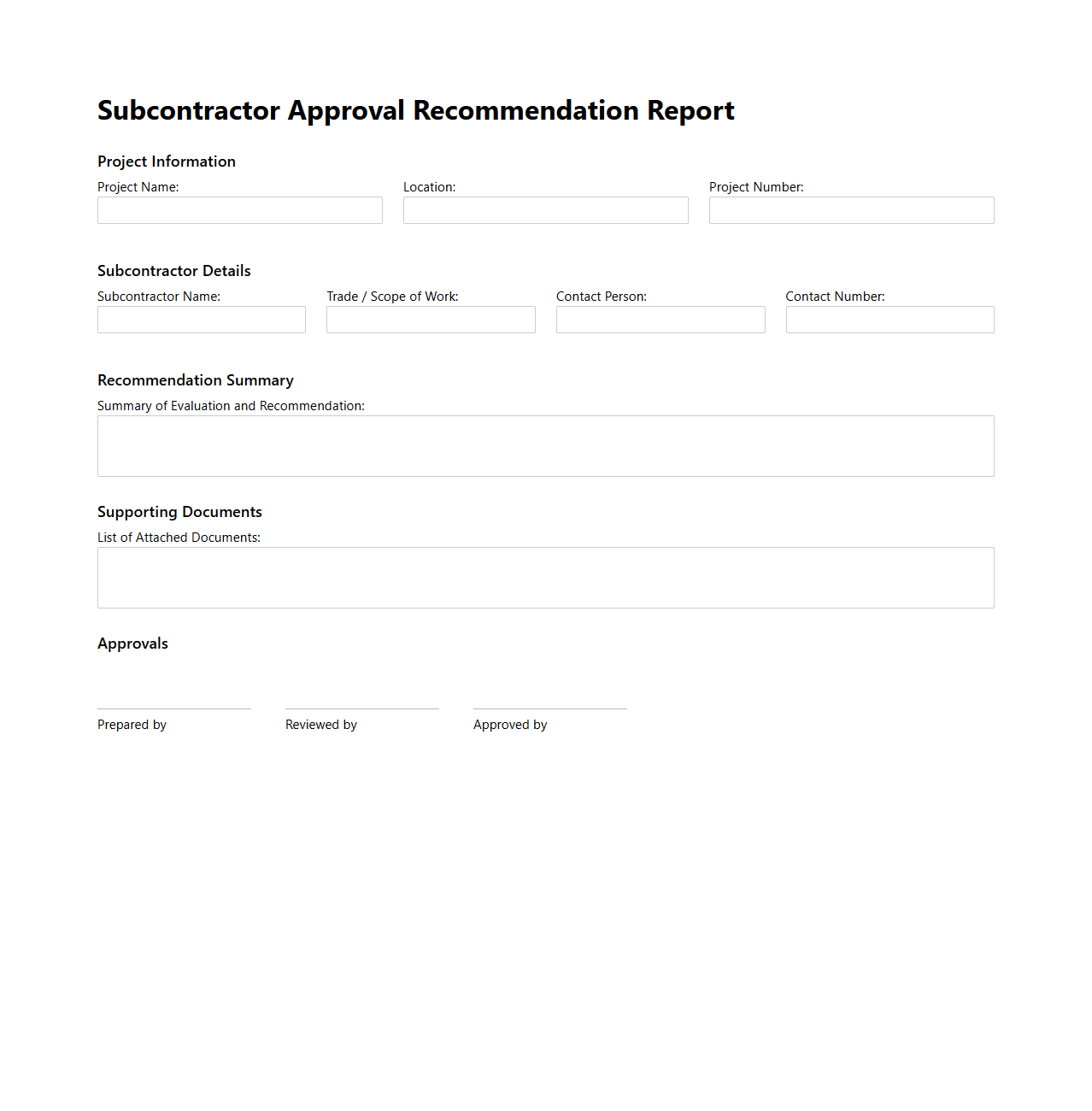 Subcontractor Approval Recommendation Report