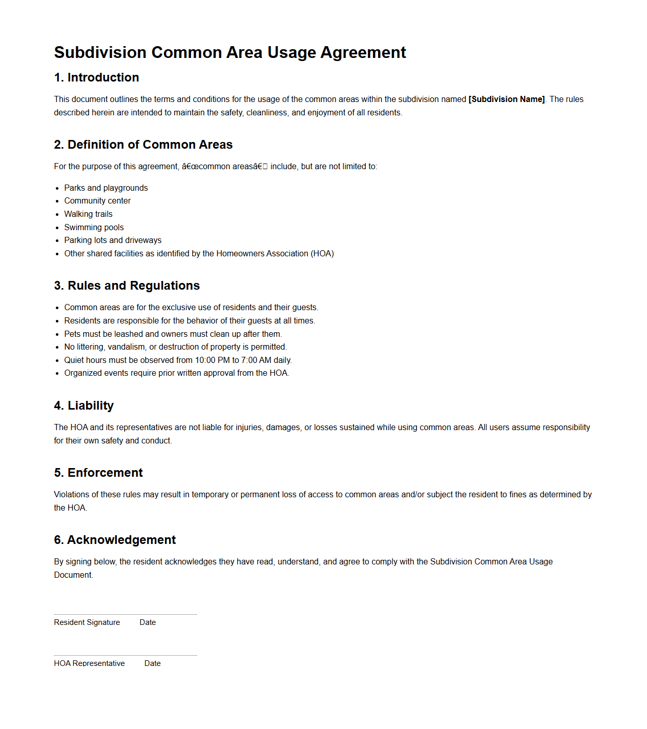 Subdivision Common Area Usage Document Sample