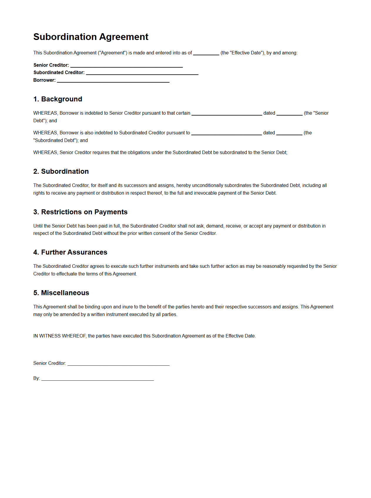 Subordination Agreement Sample for Structured Finance