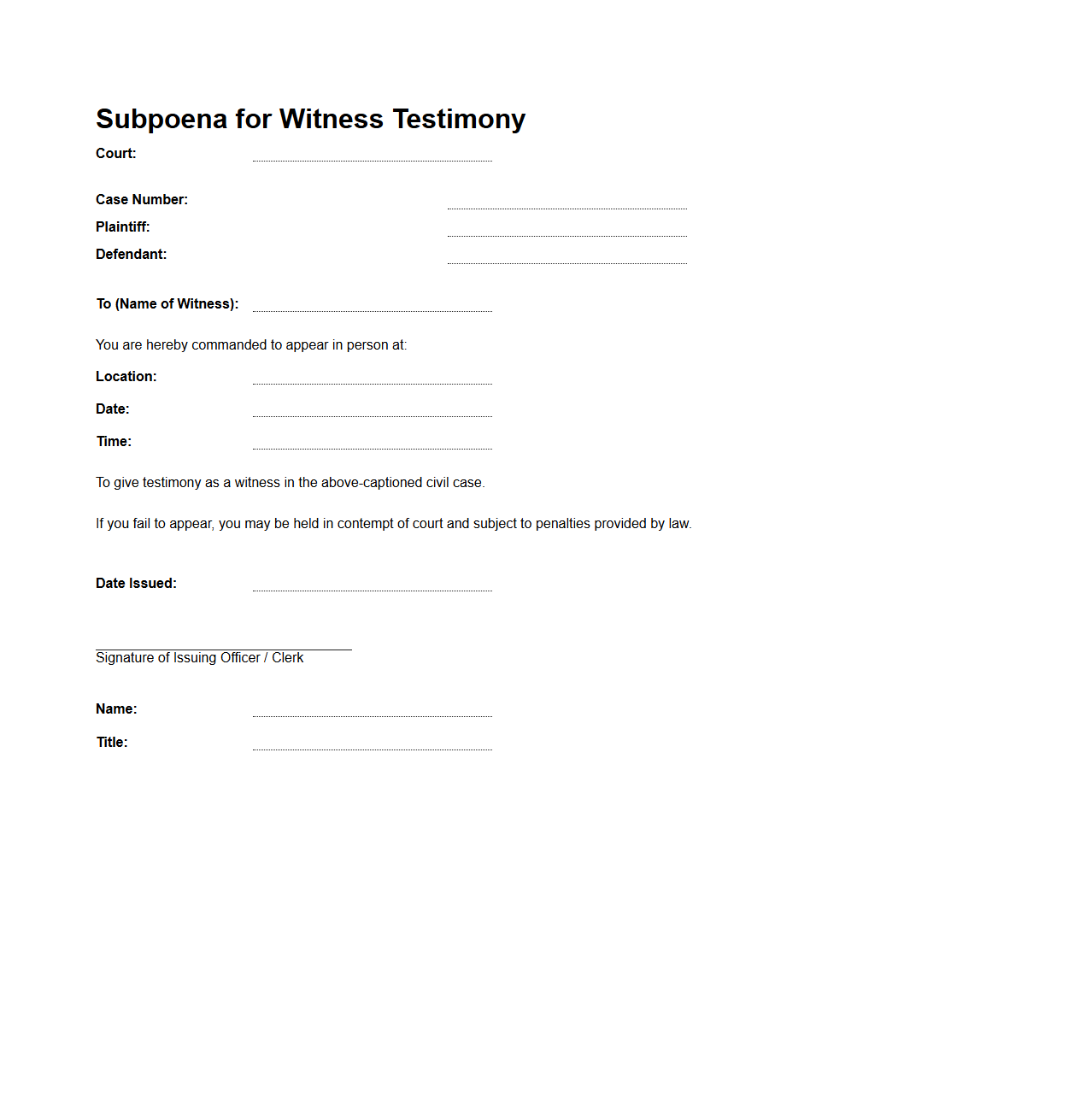 Subpoena for Witness Testimony in Civil Case