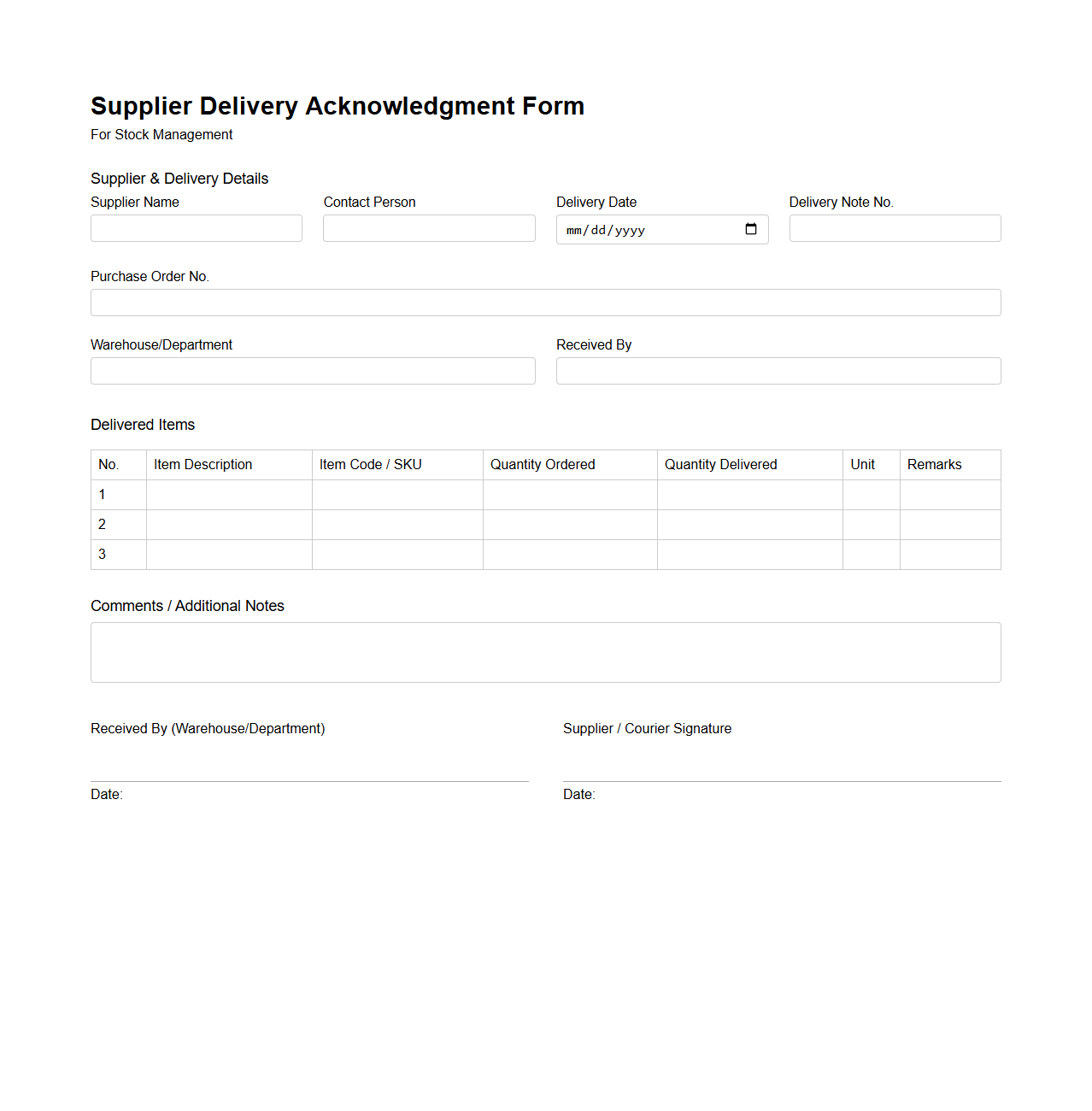 Supplier Delivery Acknowledgment Form for Stock Management