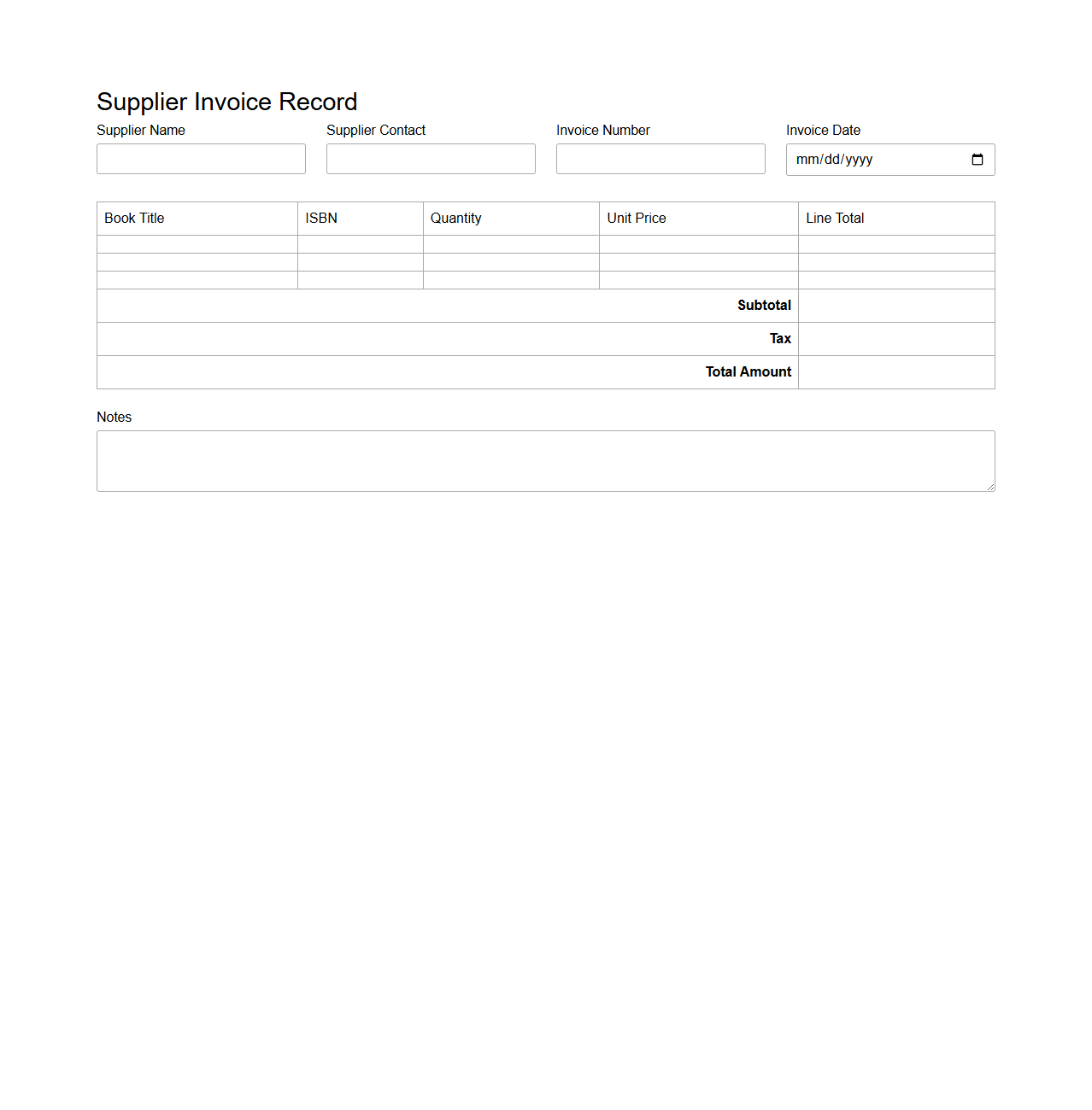 Supplier Invoice Record for Bookstore Retailers