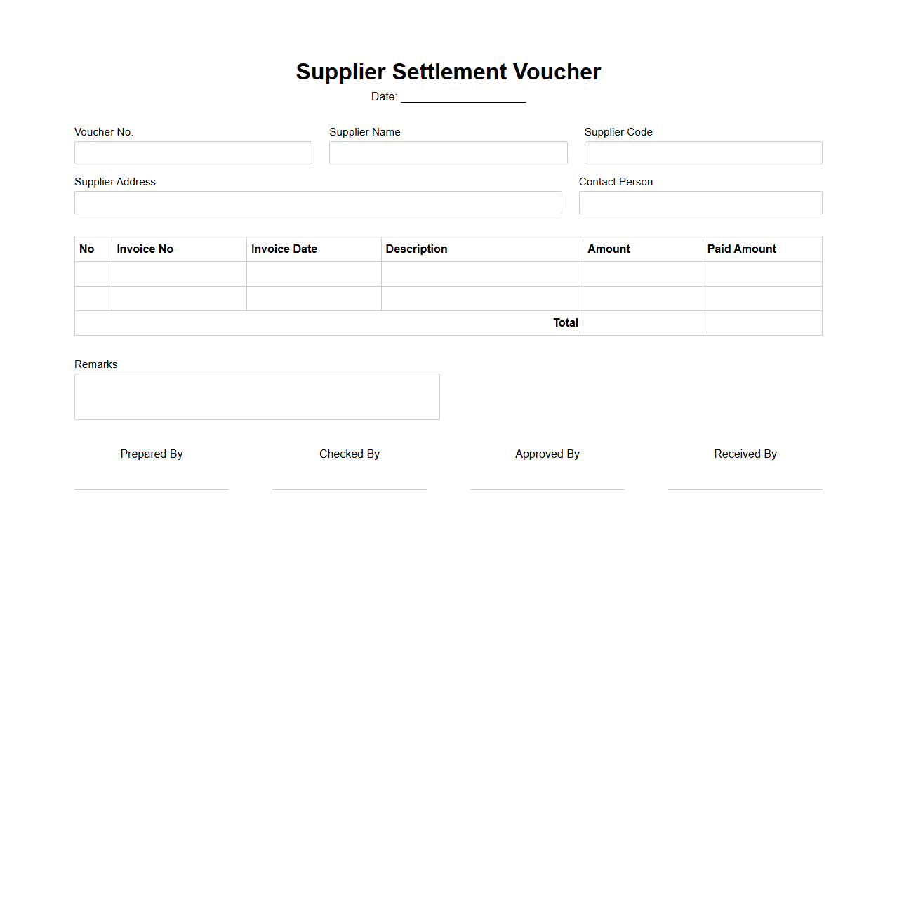 Supplier Settlement Voucher Template