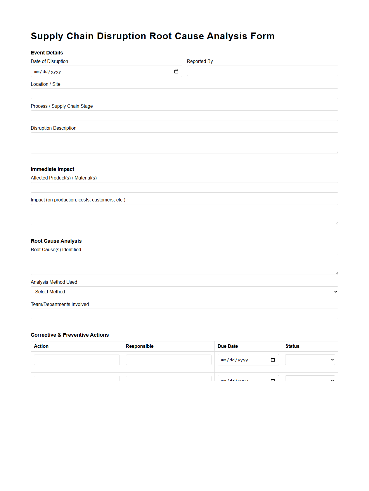 Supply Chain Disruption Root Cause Analysis Form