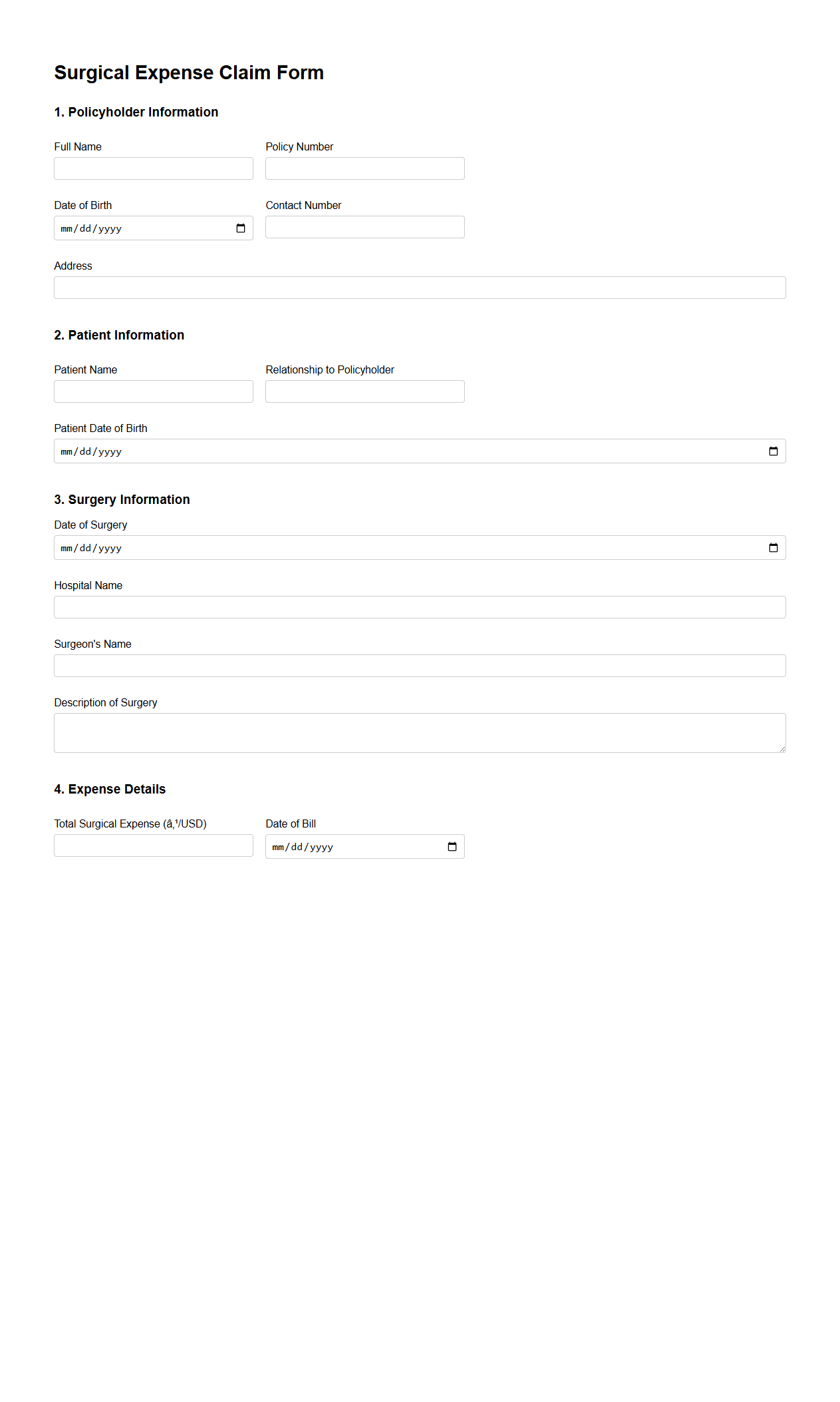 Surgical Expense Claim Form Example
