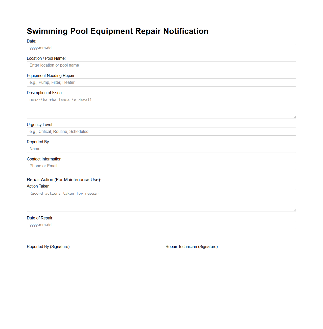 Swimming Pool Equipment Repair Notification